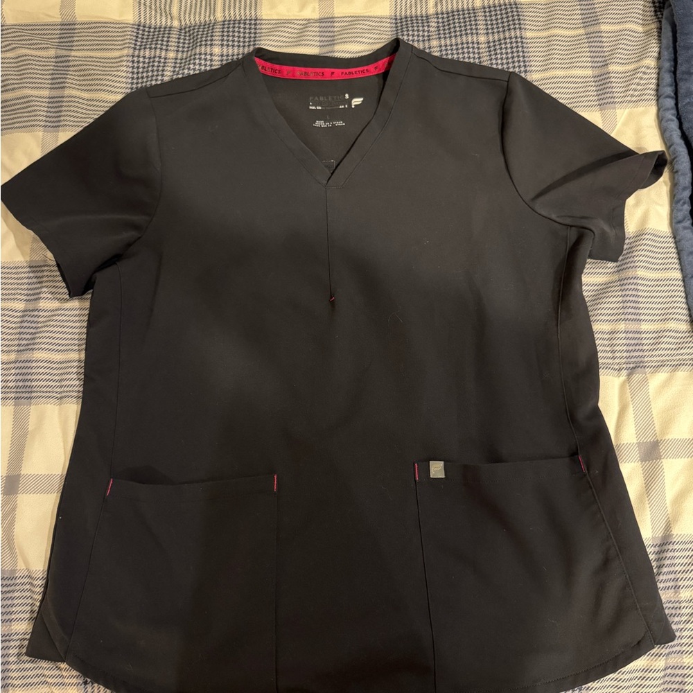 Black V-Neck TWO POCKET Scrub Top with Pink Accents (WOMEN’S LARGE)